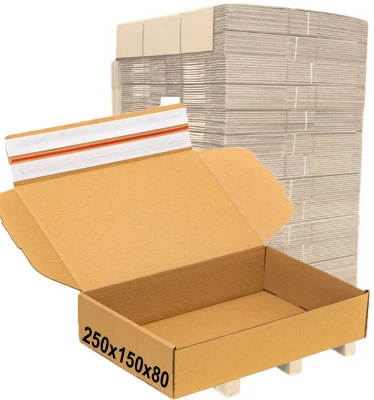 250x150x80mm pudełko fasonowe z paskiem klejowym i tasiemką zrywającą 3W fala B - paleta 2800szt